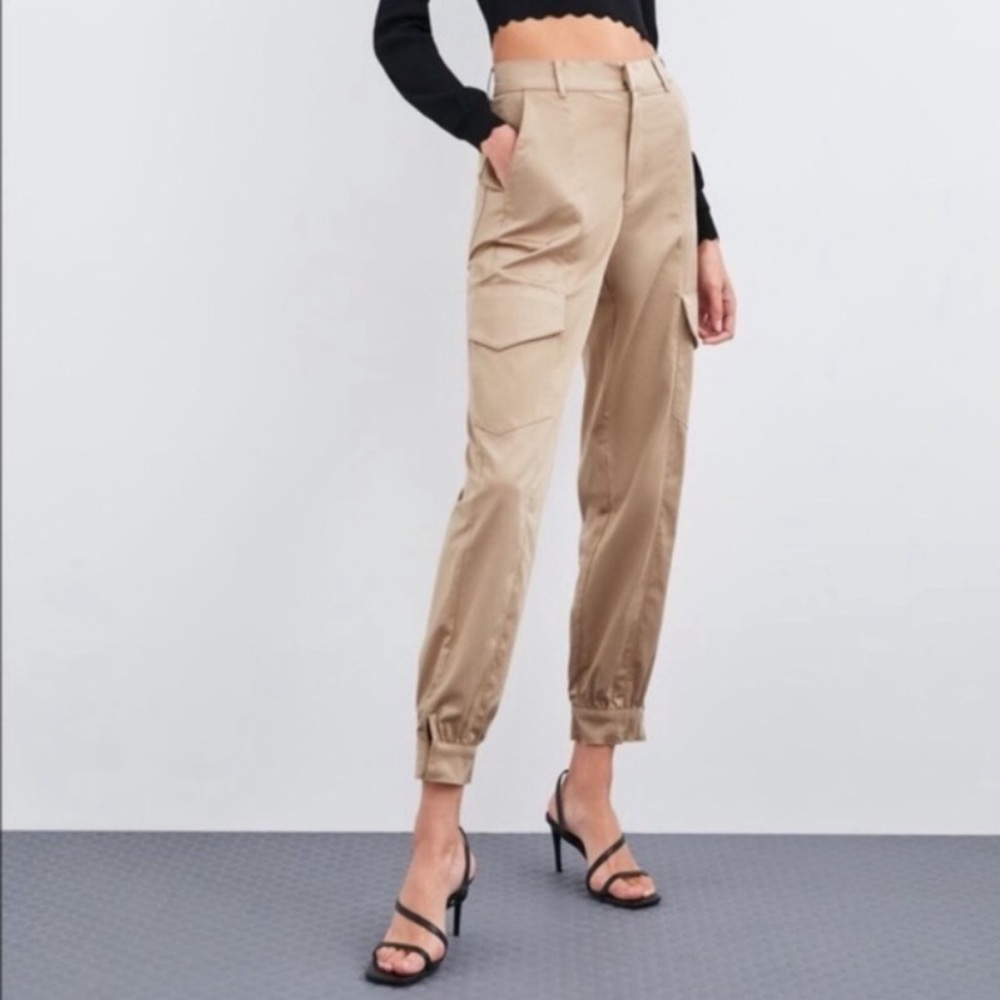 ZARA BLOGGERS FAVORITE TAN SATIN CARGO PANTS